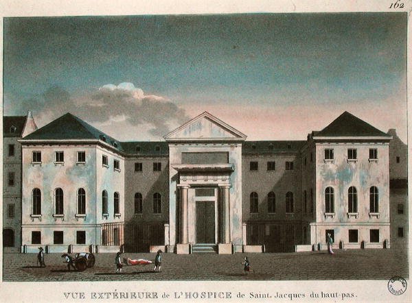 Exteriörvy av Hospice Saint-Jacques, c.1800 (färgad gravyr) av French School