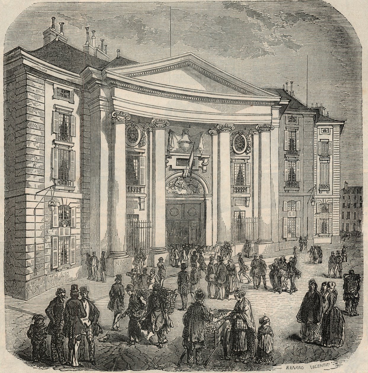 Exteriörvy av School of Law, Place du Pantheon i Paris - Gravyr i "Tableau-de-Paris" av Edmond Texier 1852 av French School