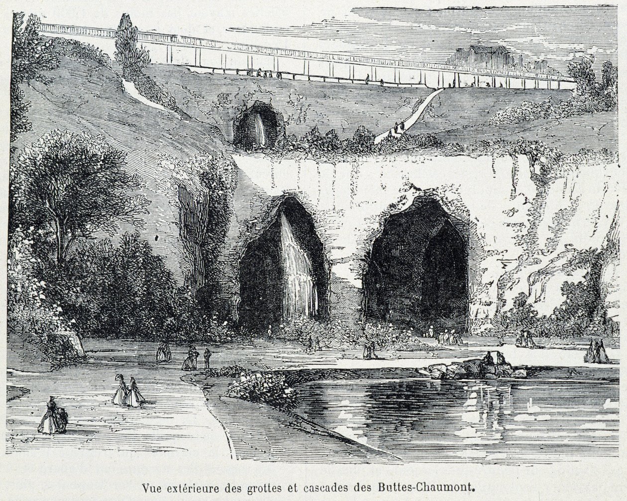 Exteriör vy av kaskaderna och grottorna i Buttes Chaumont, gravyr från 1800-talet av French School