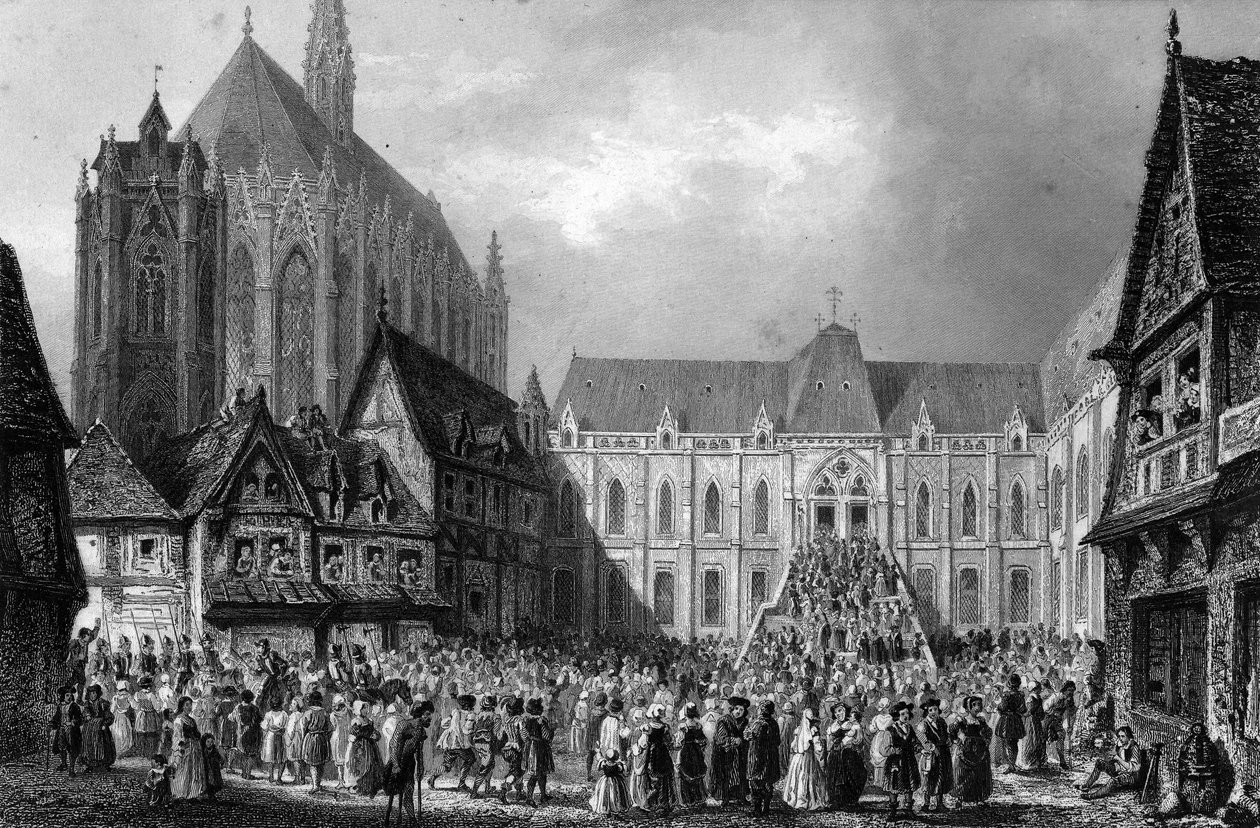 Exteriör vy av tingshuset. I "Notre Dame de Paris" av Victor Hugo, gravyr från 1844. av French School