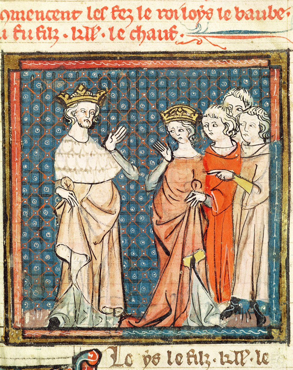 F.180r Ludvig II:s äktenskap (846-79) stammaren och Adelaide av Frioul, drottning av Aquitaine, från Grandes Chroniques de France 1375-79 av French School