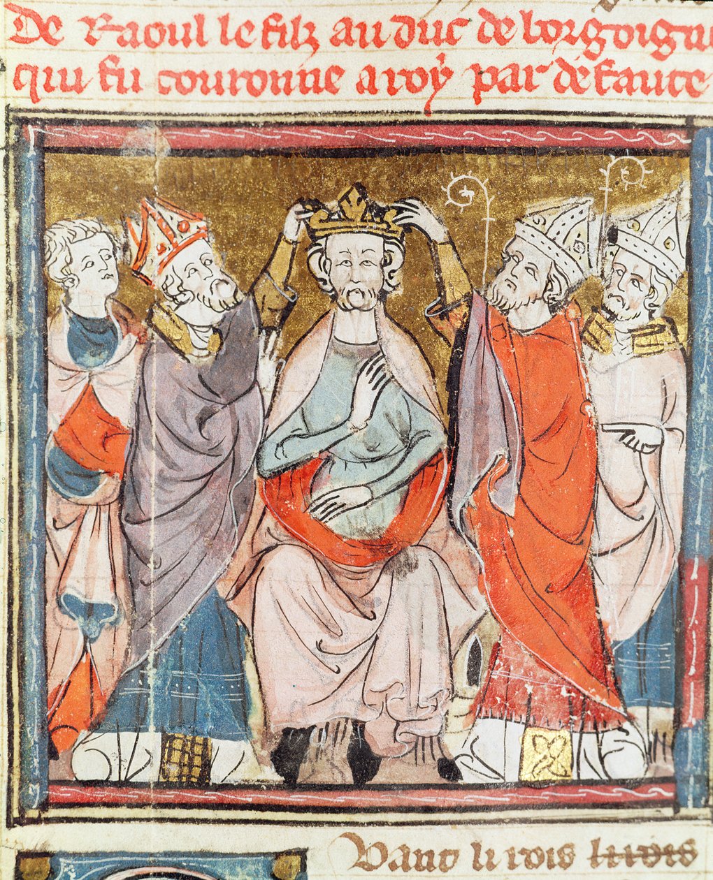 F.188r Raoul, son till hertigen av Bourgogne, kröns till kung av Frankrike, från Grandes Chroniques de France, 1375-79 av French School
