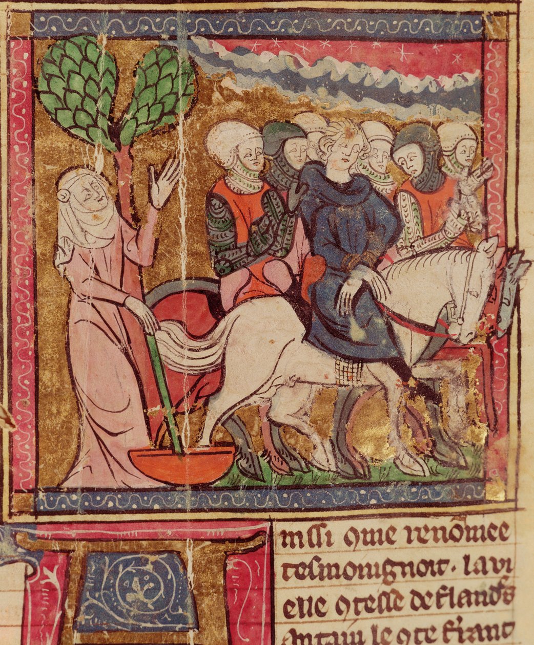 F.288r Ferdinand av Portugal (1186-1233) Greve av Flandern förd som fånge till Paris efter slaget vid Bouvines, 27 juli 1214, Grandes Chroniques de France, 1375-79 av French School