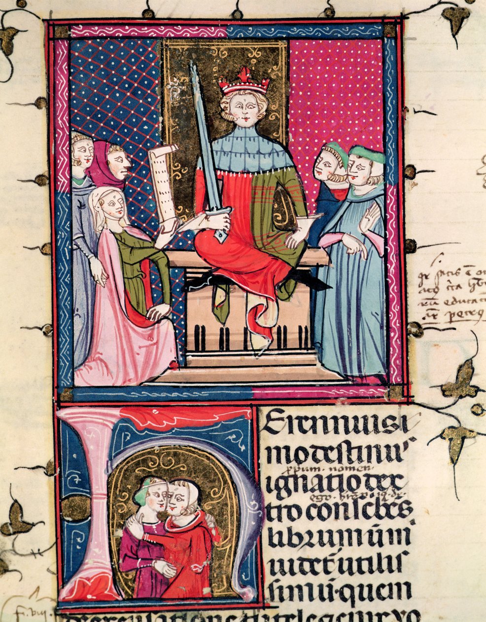 F.39r Conjugal Law, en äktenskaplig hustru som framträder i rätten, från Justiniani i Fortiatum av French School
