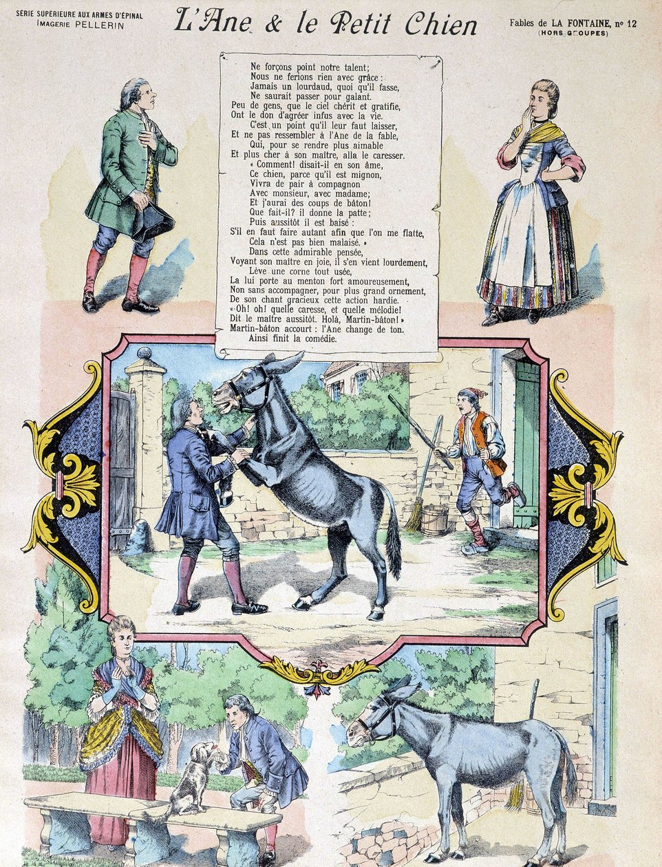 Fable de La Fontaine "Åsnan och den lilla hunden". Bild av Epinal-Pellerin av French School
