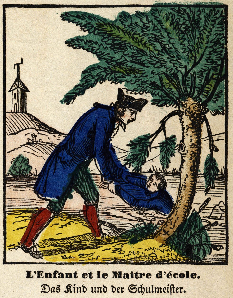 Fables de La Fontaine: barnet och skolmästaren. Bild av Epinal, första hälften av 1800-talet av French School