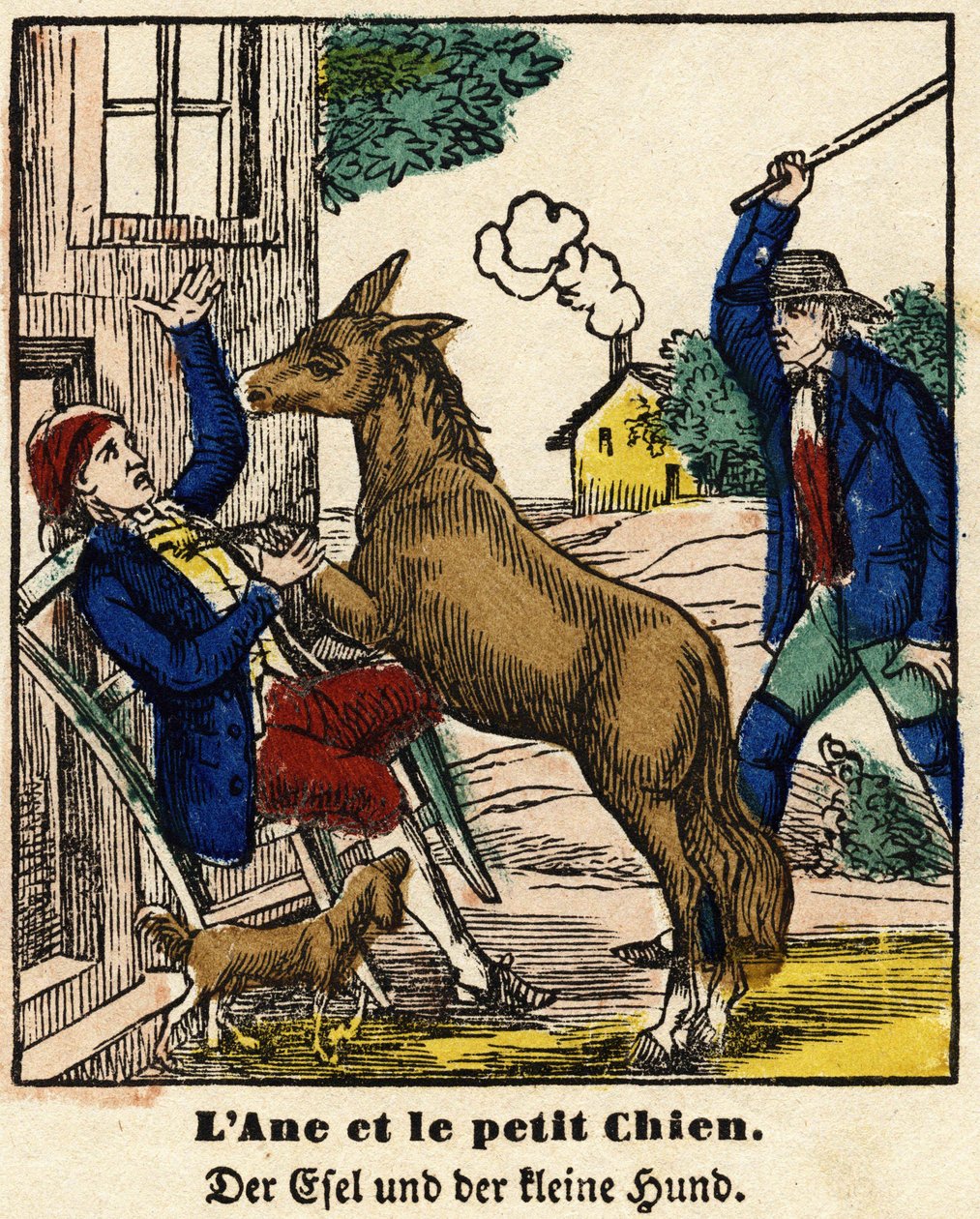 Fables of La Fontaine: åsnan och den lilla hunden. Bild av Epinal, första hälften av 1800-talet av French School