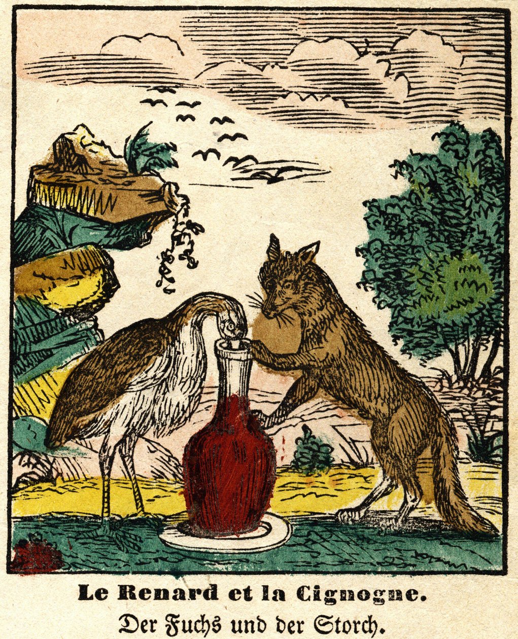 Fabler av La Fontaine: räven och storken. Bild av Epinal, första hälften av 1800-talet av French School