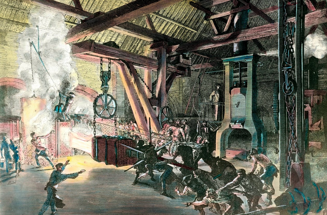 Fabrik: "" Le hamteau trummis (hammar-trummis) des forges du Creusot 1865"" Gravyr omkring 1865. Privat samling av French School