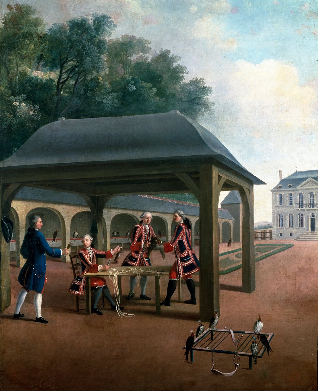 Falkoner som föder upp falkar för jakt. Målning av den franska skolan på 1700-talet. Versailles, slottsmuseum av French School