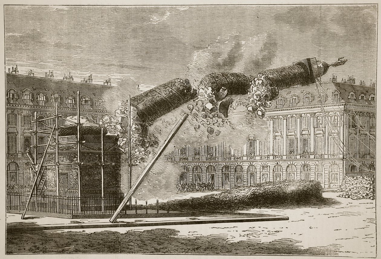 Fall of the Vendome Column, april 1871, illustration från Cassells historia om kriget mellan Frankrike och Tyskland, 1870-1871 av French School