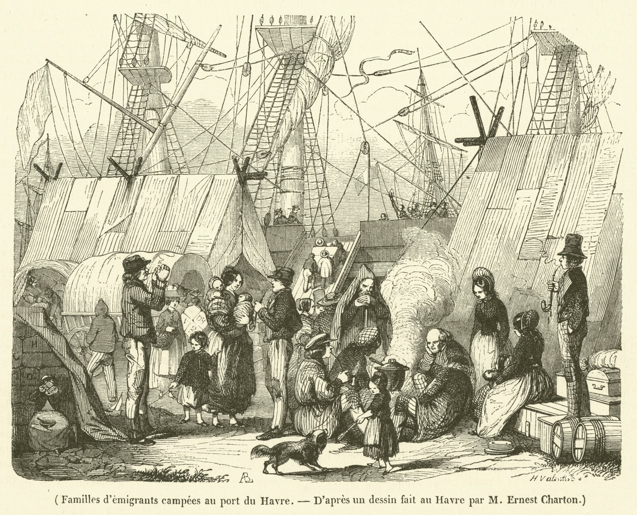 Emigrantfamiljer slog läger i hamnen i Le Havre (gravyr) av French School