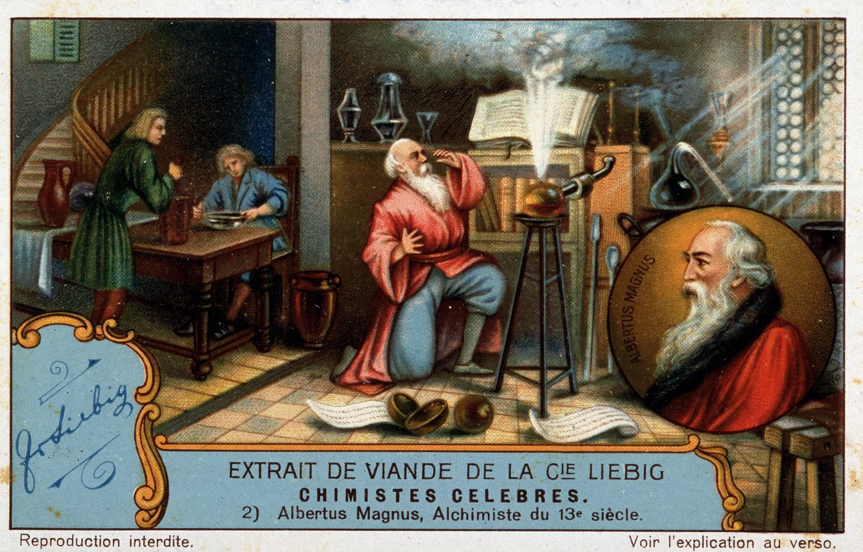 Kända kemister: Albrecht von Bollstadt känd som Albert den store eller Albertus Magnus (1206 - 1280), dominikansk bror, tysk kemist och alkemistprofessor av Thomas Aquinas kan representeras som lärling på bilden av French School