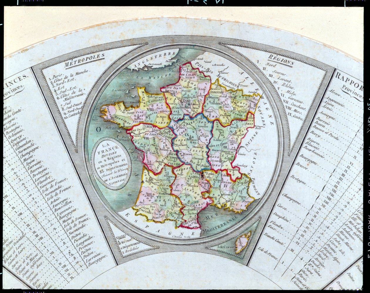 Fan som visar kartan över Frankrike som uppdelad i 9 regioner, 10 metropoler och 83 departement, 1790 av French School
