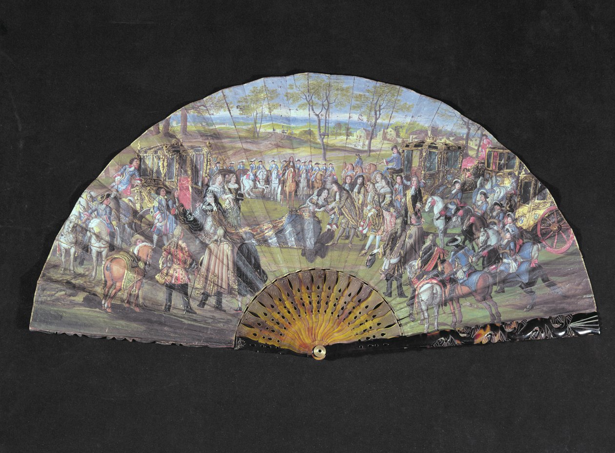 Fan som föreställer Ludvig av Frankrikes (1638-1715) och Marie-Anne de Bavieres (1660-90) äktenskap i Vitry-le-Francois 1680 (wc på papper) av French School