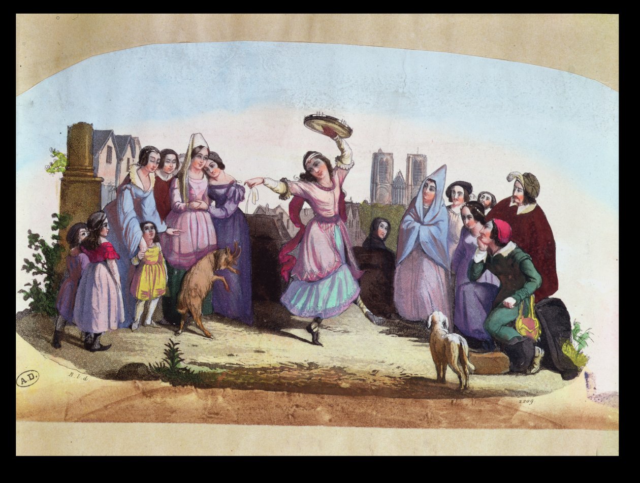 Fandesign som visar en scen från La Esmeralda, en opera av Louise-Angelique Bertin (1805-77) efter romanen av Victor Hugo (1802-85) ca 1836 av French School