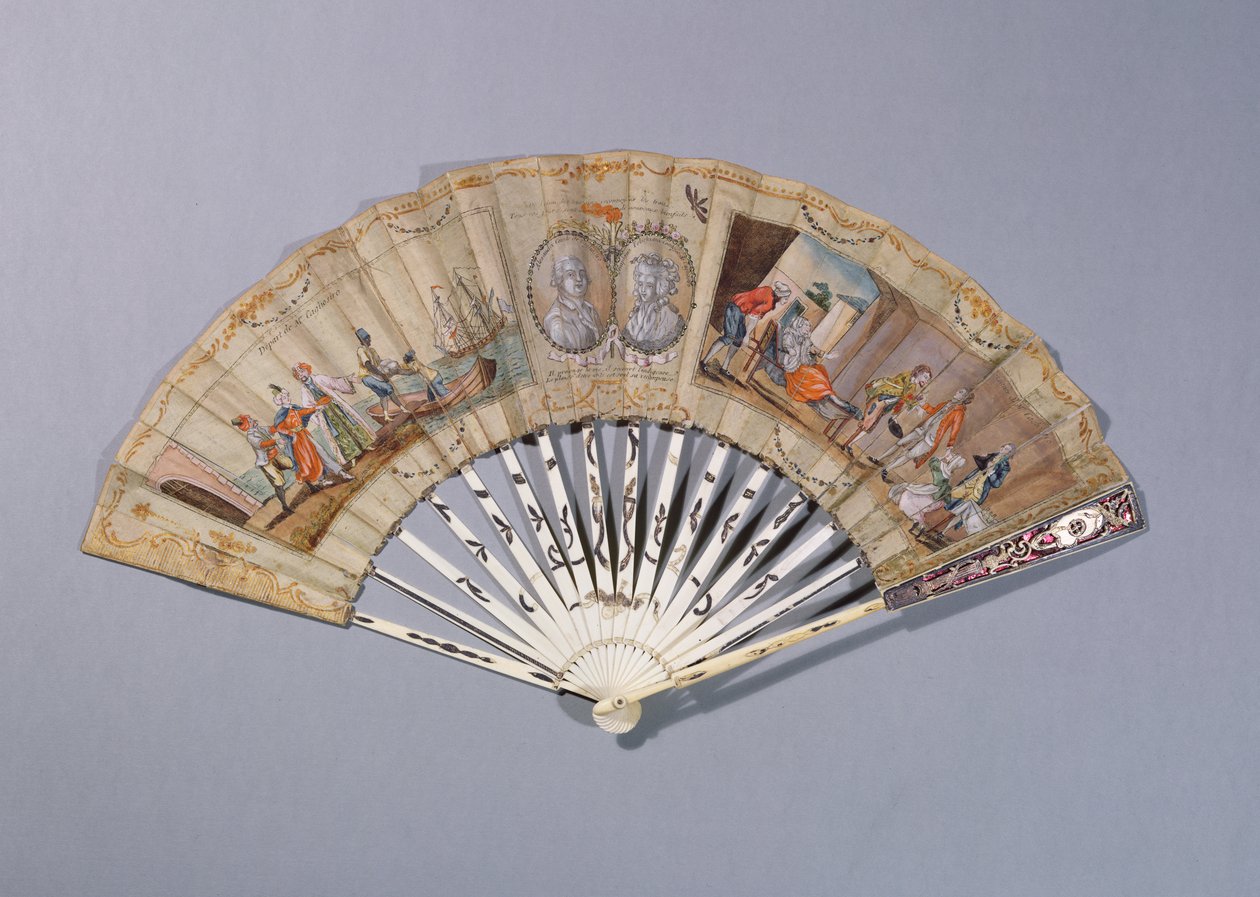 Fläkt med illustrationer från grevinnan av Cagliostro, ca 1786 (gouache på papper & elfenben) av French School