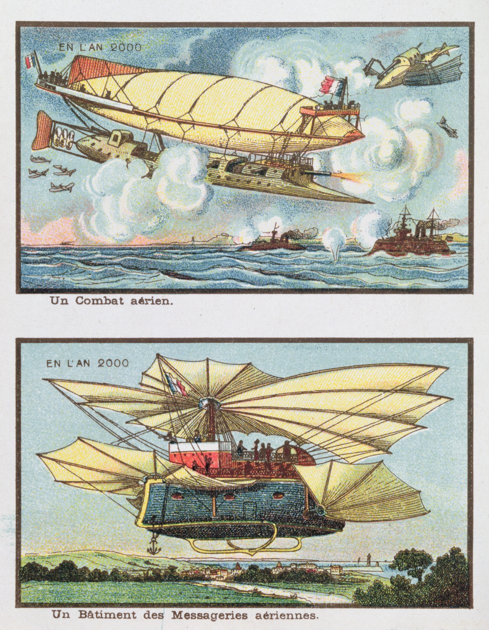 Fantasiskildringar av en luftstrid och av ett flygplan för att transportera gods år 2000, ca 1910 av French School