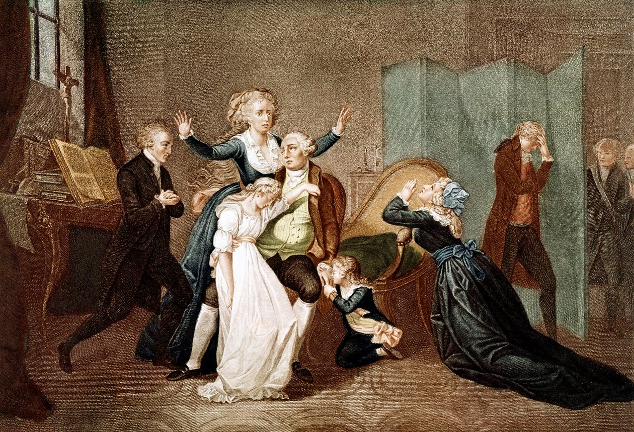 Farväl till Ludvig XVI av hans familj i templet, 20 januari 1793 - Den sista intervjun av Ludvig XVI med hans familj (Marie Antoinette och deras barn Marie Therese eller Madame Royale (1778-1851) och Ludvig XVII (1785-1795), före hans avrättning i T av French School