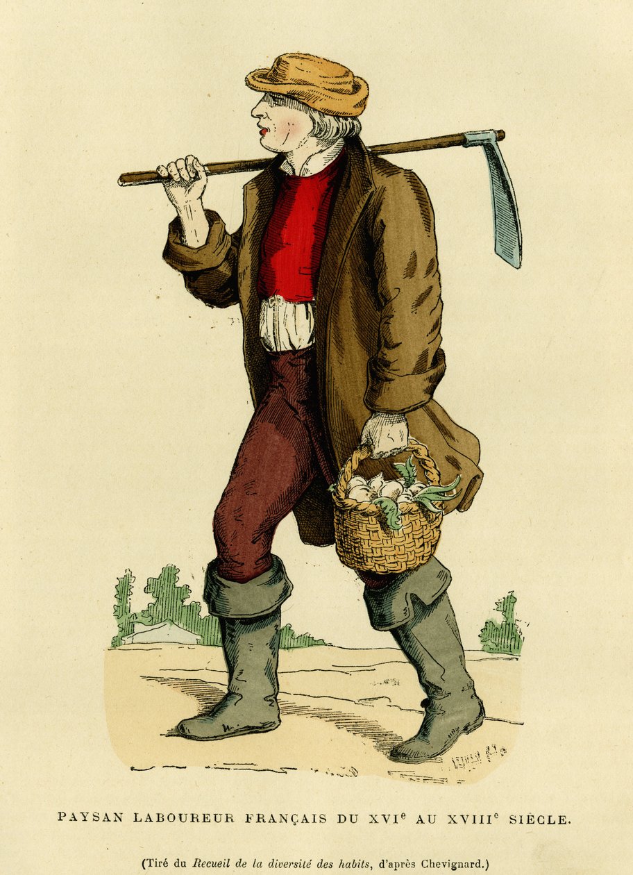 Bondedräkt från 1600- till 1700-talet. Färgstick efter en teckning av Chevignard, i "France et les francais a travers les centuries" av Augustin Challamel, F.Roy redaktör, Paris 1882. Selva Collection. av French School