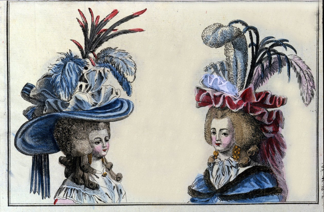 Mode 1700-talet: frisyr och hattar av franska kvinnor runt 1787. av French School