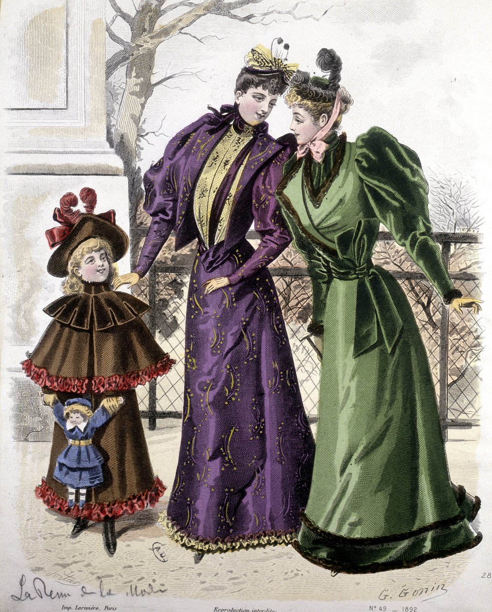Mode: 2 kvinnor och en tjej som håller i en docka. 1892 av French School