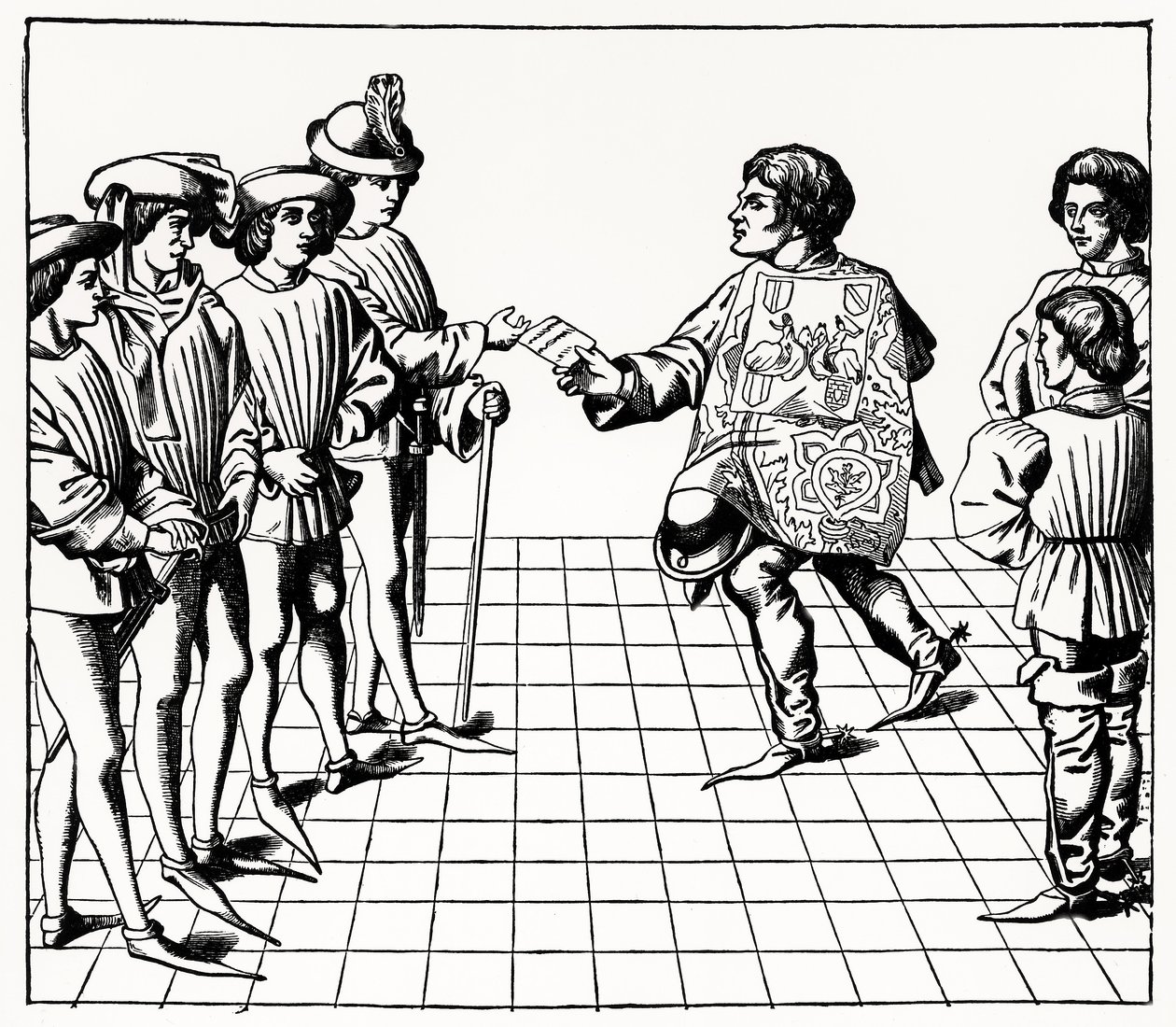 Vapenkonungens mode och sätt, från Tournois du roy Rene, illustration från vetenskap och litteratur under medeltiden och renässansen, skriven och graverad av Paul Lacroix, 1878 (gravin av French School