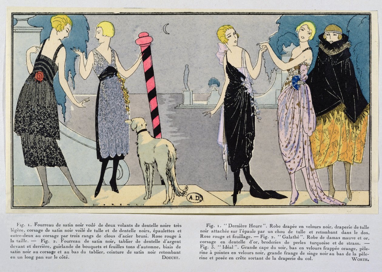 Modedesign av Jacques Doucet (1853-1929) och House of Worth från Les Elegances Parisiennes, vintern 1920-21 av French School