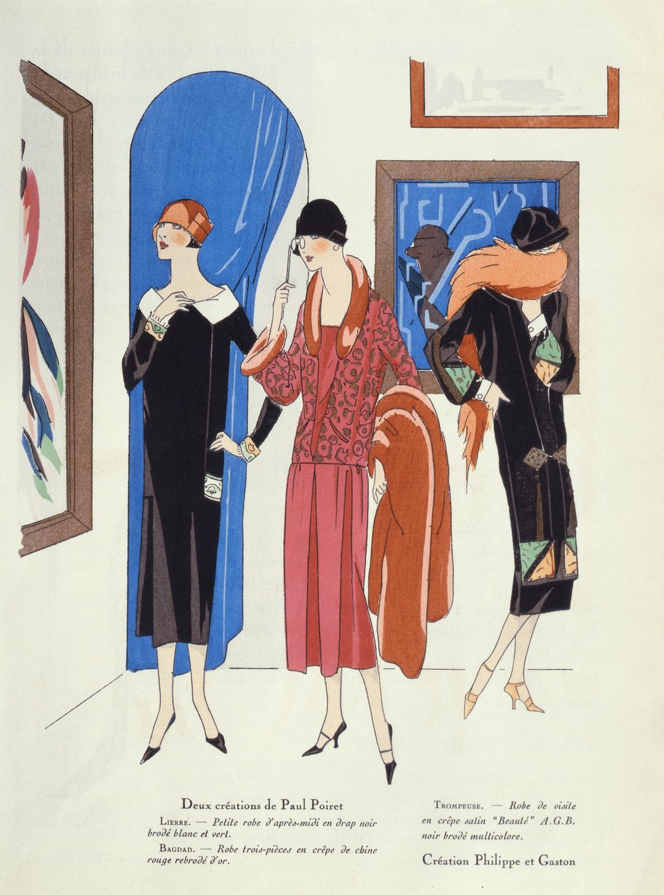 Modedesign för besökare på konstgallerier av Paul Poiret och Philippe et Gaston, från tidningen Art, Gout, Beaute, 1925 av French School