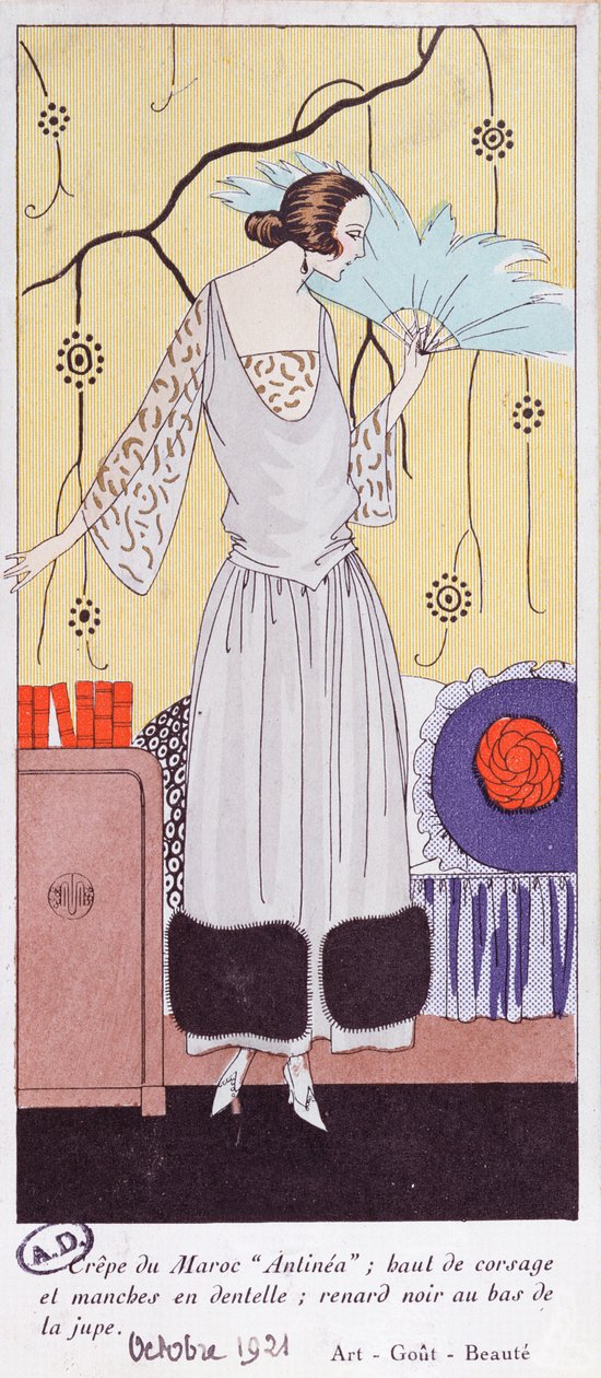 Modetallrik föreställande en fläkt gjord av fjädrar, från Art, Gikt, Beaute, 1921, (pochoir-tryck) av French School