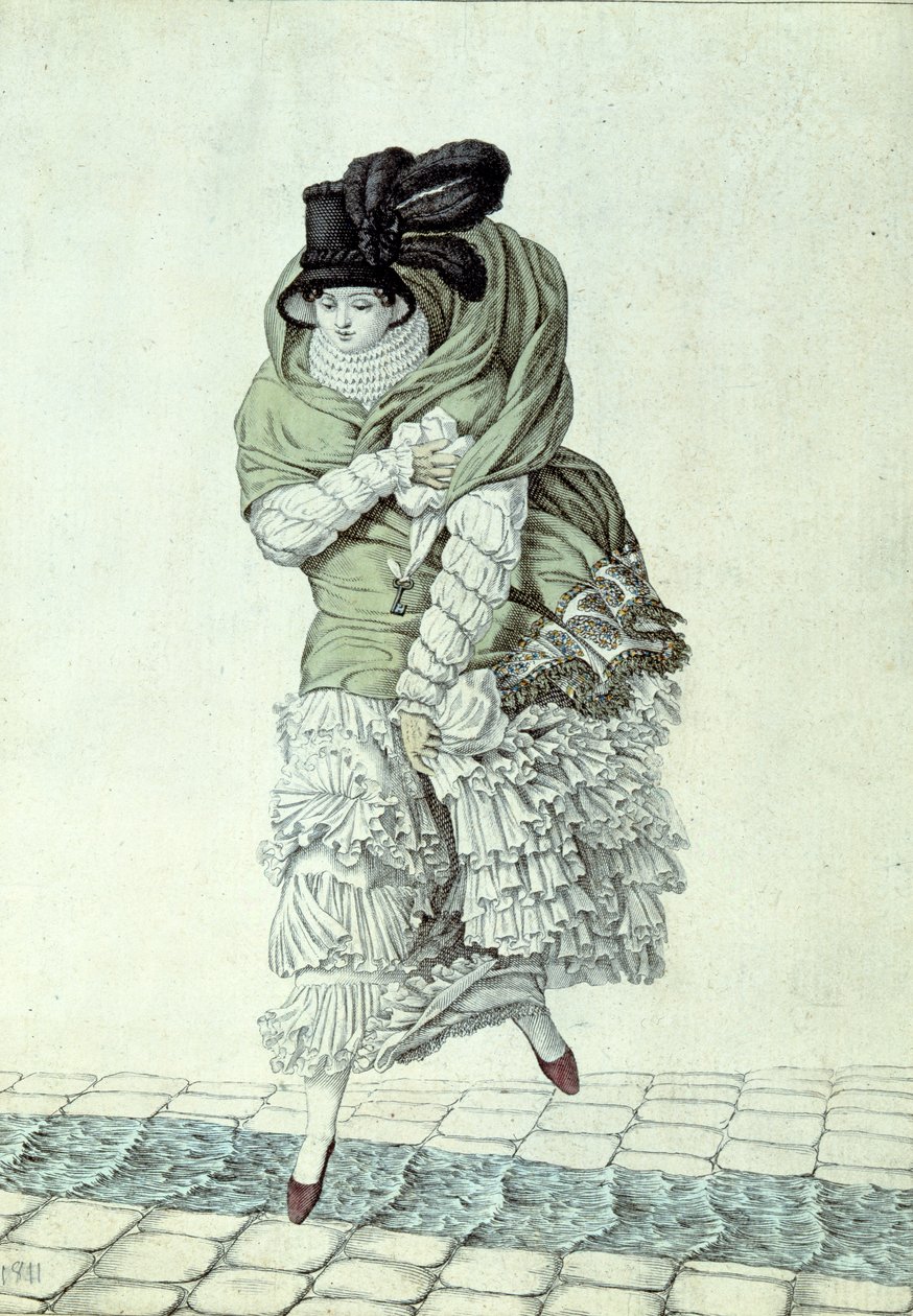 Modeskylt föreställande en dam som korsar en avloppsström, 1811 (färggravyr) av French School