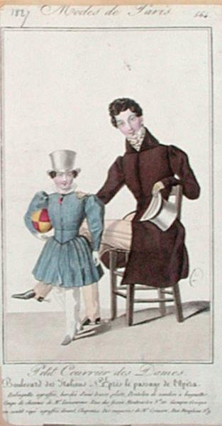 Modetallrik med kläder för en far och hans son, reklam för "Petit Courrier des Dames". av French School