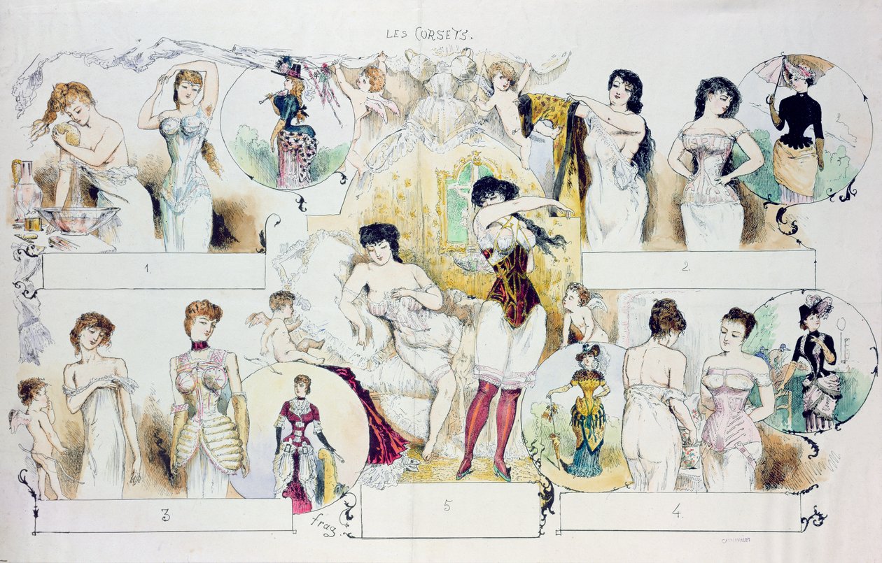 Modetallrik för La Vie Parisienne föreställande korsetter, ca 1870 (färgstick) av French School