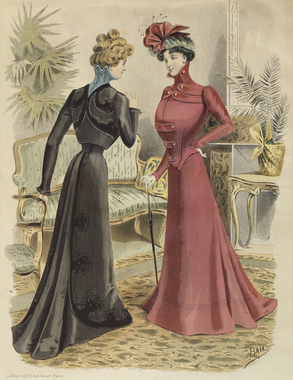 Modetallrik, i vardagsrummet, illustration från La Nouvelle Mode, 1897 (färggravyr) av French School