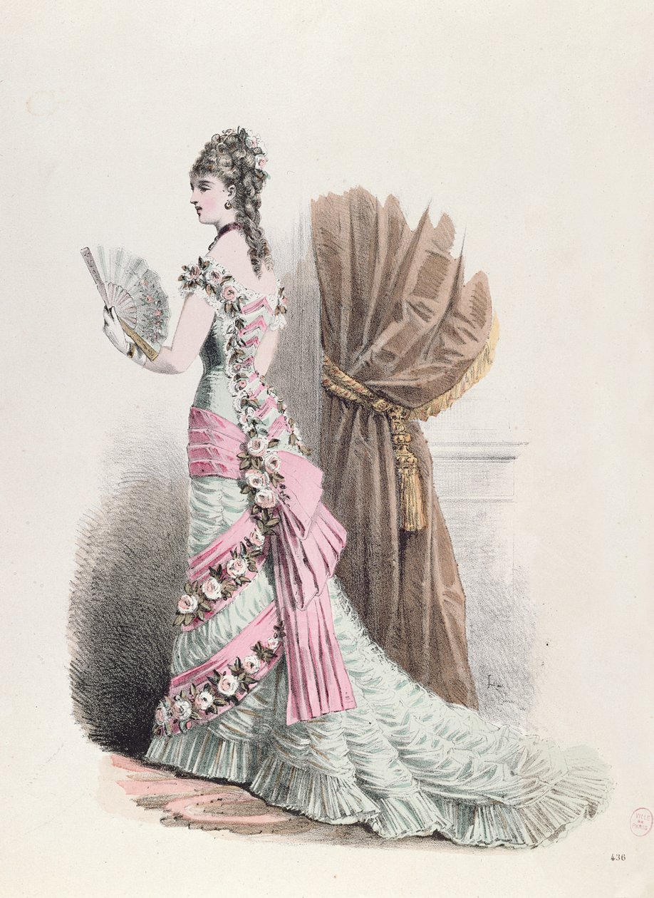 Modetallrik av en kvinna i aftonklänning och med en solfjäder, 1877 (färggravyr) av French School