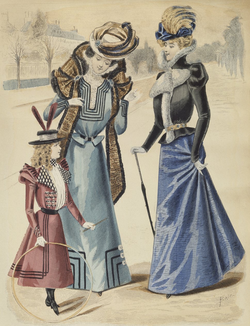 Modetallrik, på boulevarden, illustration från La Nouvelle Mode, 1897 (färggravyr) av French School