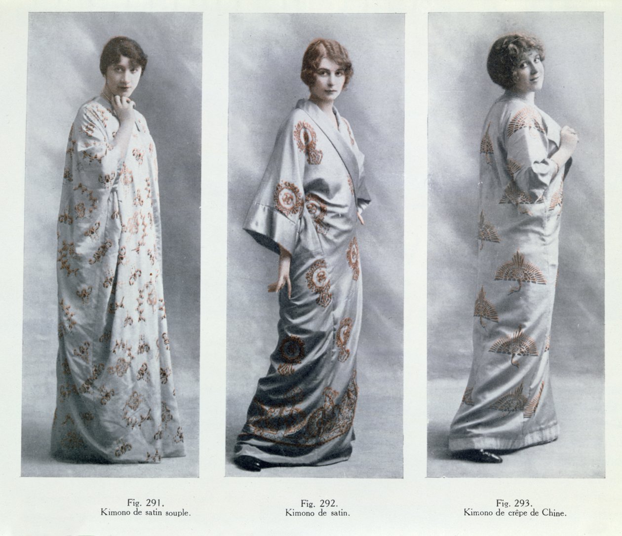 Modetallrikar som visar design för kimonos, illustrationer från Le Jardin des Modes Nouvelles, 15 april 1913 av French School
