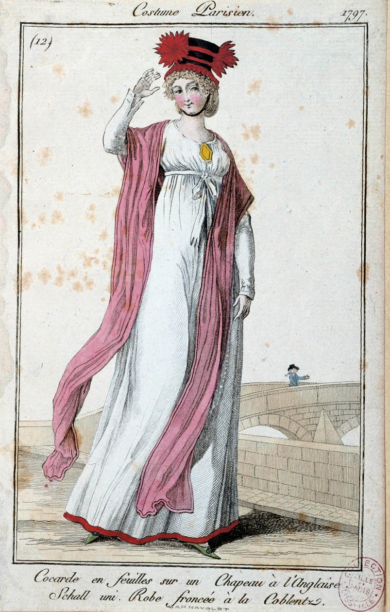 Mode under Directoire: elegant ung kvinna klädd i parisisk kostym: cocarde i lakan på engelsk hatt, klänning brynt med coblentz. Anonym gravyr. 1797 Paris, Musee du costume av French School