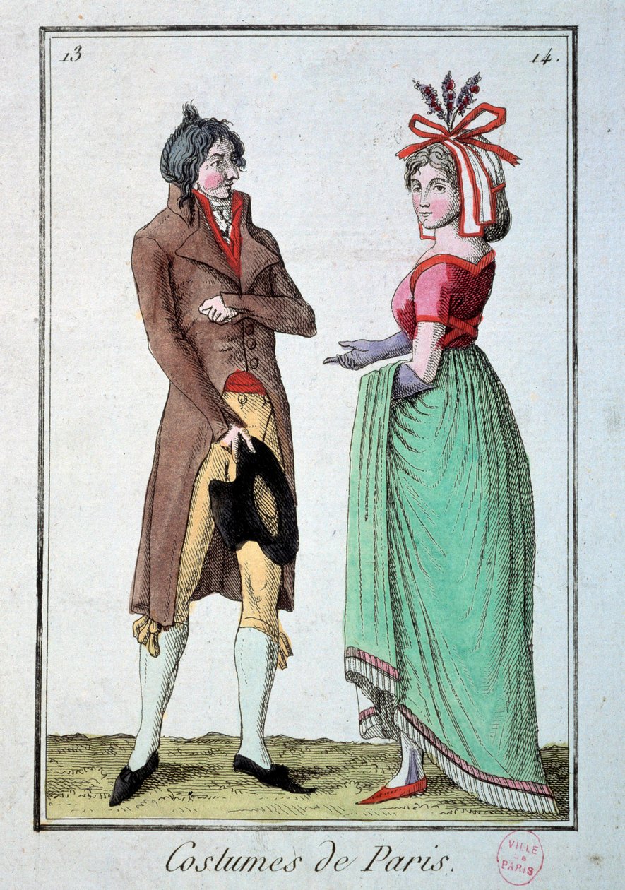 Mode under katalogen: ett par eleganta, kvinnan bär hatt vid trädgårdsmästaren. Gravyr från 1795. Paris, kostymmuseet av French School