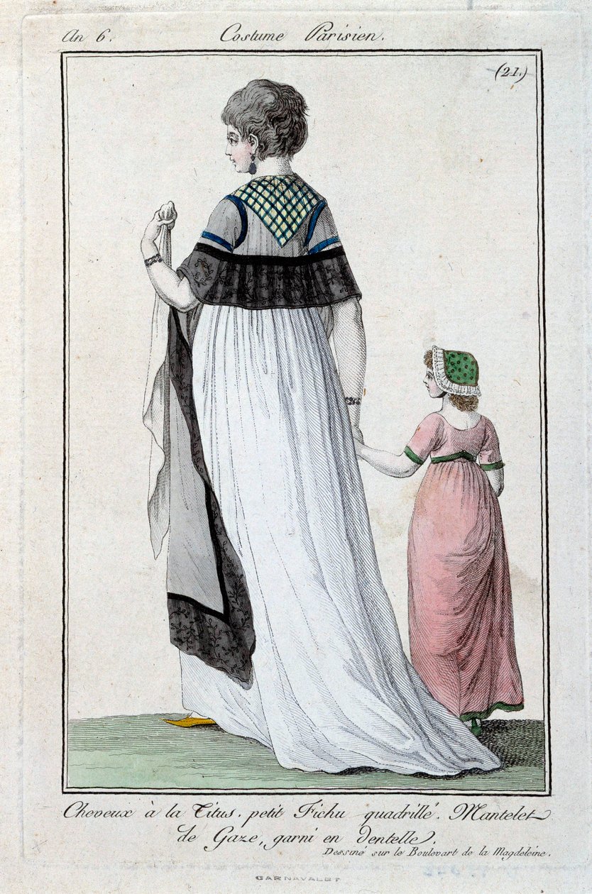 Mode under styrelsen: elegant ung parisisk kvinna som bär Titus, gasvävsmantel med spets. 1797. Paris, kostymmuseum av French School