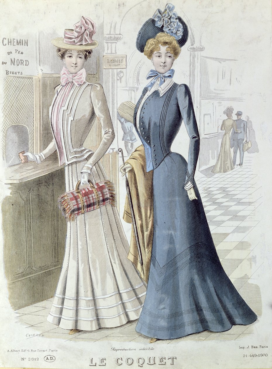 Fashionabla damer vid biljettkontoret på Gare du Nord i Paris, ca 1900 av French School