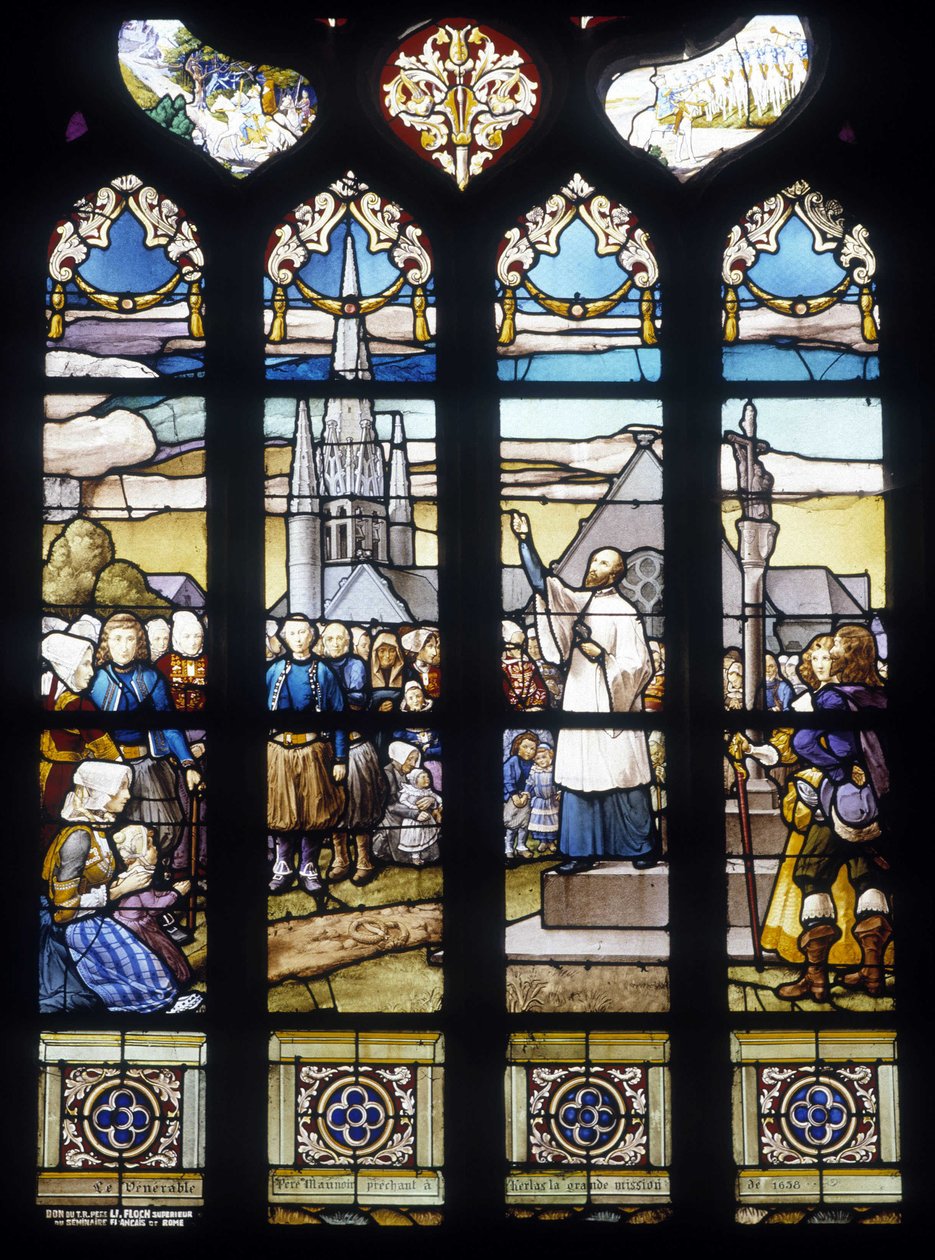 Fader Maunoir predikar i Kerlas det stora uppdraget 1658 - målade glasfönster i St Germain-kyrkan i Kerlaz av French School