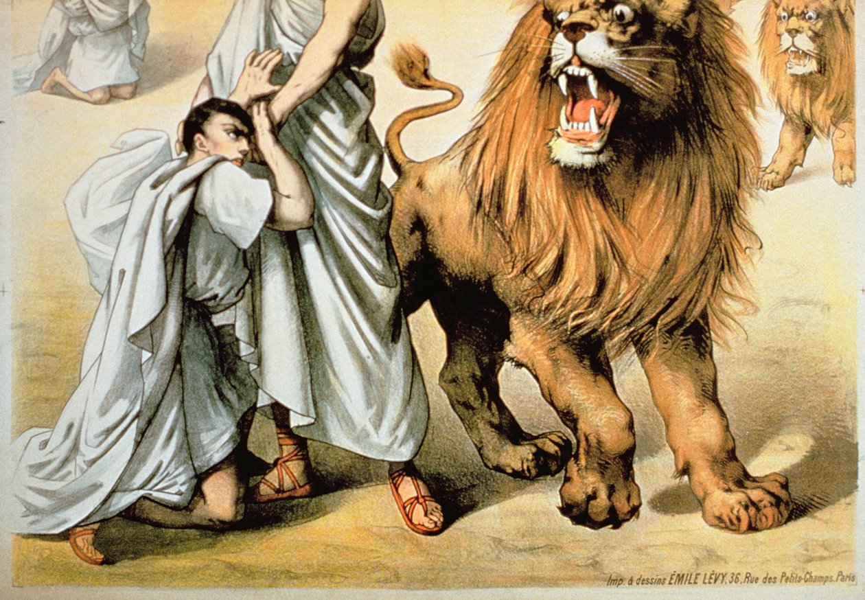 Fed till lejonen (färglitografi) av French School