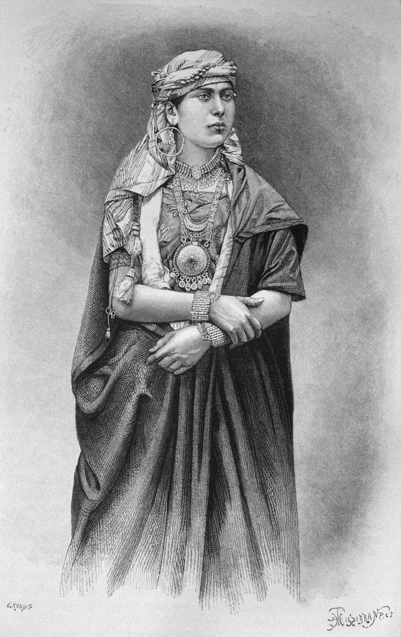 Fellaheen flicka som bär en ceremoniell klänning, från Syrien idag. Reser i Fenicien, Libanon och Judéen. 1875-1880 av Louis Charles Emile Lortet, 1884 (bw gravyr) av French School