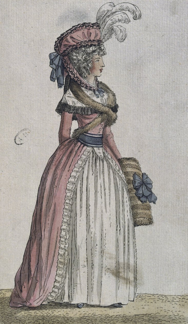 Kvinnlig kostym (färggravyr) av French School