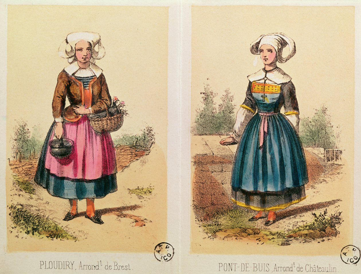 Kvinnliga kostymer från Ploudiry och Pont de Buis, från Les Costumes Bretons de Sorrieu av French School