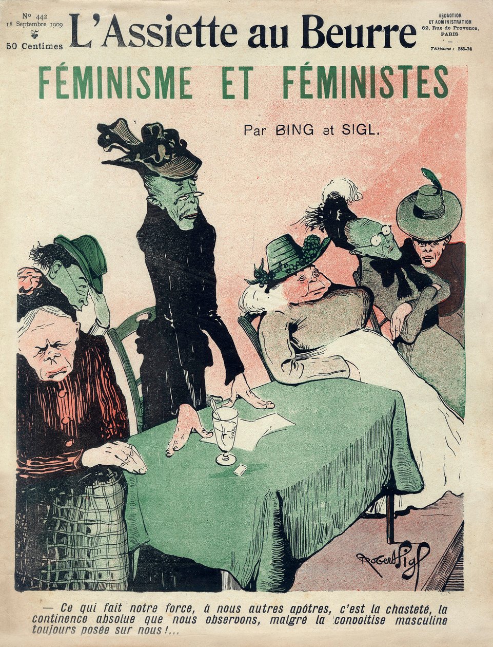 Feministisk tecknad film, omslag till franska satiriska tidskriften "L