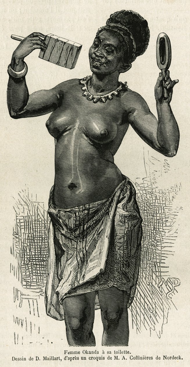 Femme Okanda har sin toalett, ritad av D.Maillard, för att illustrera historien om en resa till Gabon och floden Ogoue, 1875-1877, av Alfred Marche. Gravyr i Le tour du monde av French School