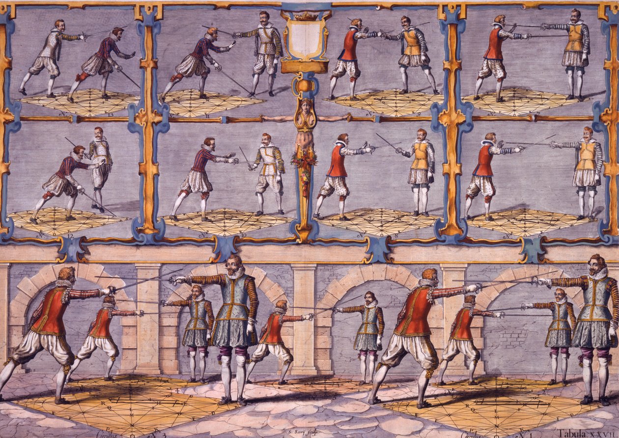 Fäktning, från Academie de lEspée av Girard Thibault, publicerad 1628 av French School