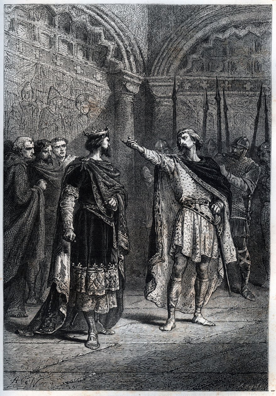 Feodal regim: "Vem gjorde dig till kung? "" : Audebert (Adalbert), greve av Perigord (968-995), svarar oförskämt på kung Hugues Capet (938-996) som frågade honom vem som fick honom att räknas - Gravering av däck "Histoire de France" av Guizot av French School